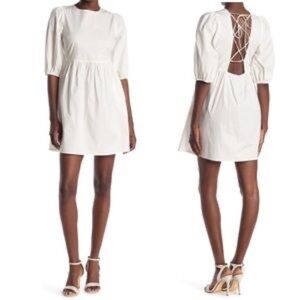 WAYF Dress Lace-Up Back Puff Sleeves Babydoll Mini White Cotton Size Small